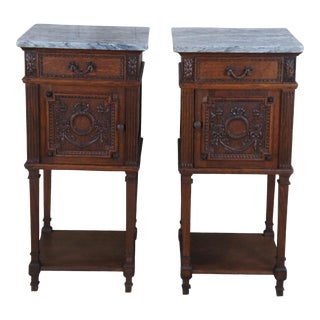 Late 19th Century 2 Antique French Neoclassical Quartersawn Oak Marble Nightstands Smoking Stands For Sale