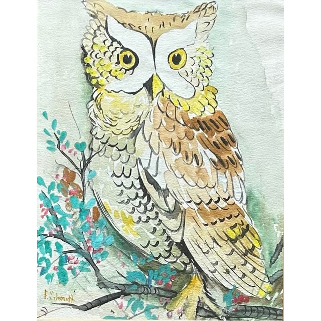 Vintage 1970’s Original Large Watercolor of Owl in Wood Frame For Sale - Image 4 of 7