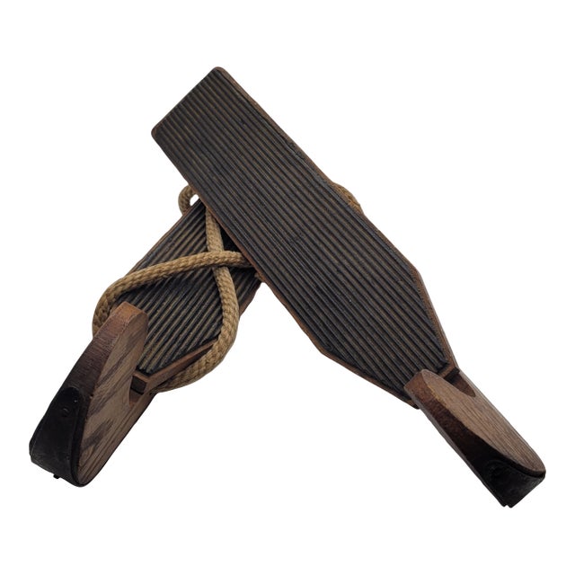 Antique Wooden Ice Skates Primitive Rustic Winter Holiday Decor Jute Rope Pair For Sale