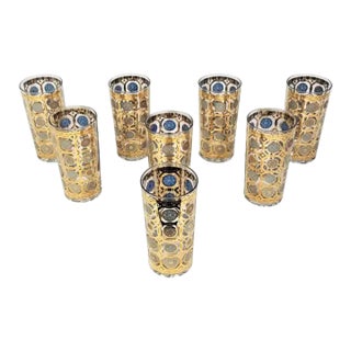 Culver LTD 22k Gold and Turquoise Signed 1960s Glassware Barware. Set of 8. For Sale