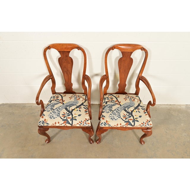 1980s Baker Furniture Queen Anne Carved Walnut Armchairs or Dining Captain Chairs, Pair For Sale - Image 5 of 15