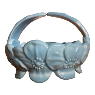 Vintage Early 20th Century Westmoreland Blue Milk Glass Dogwood Pansy Basket For Sale