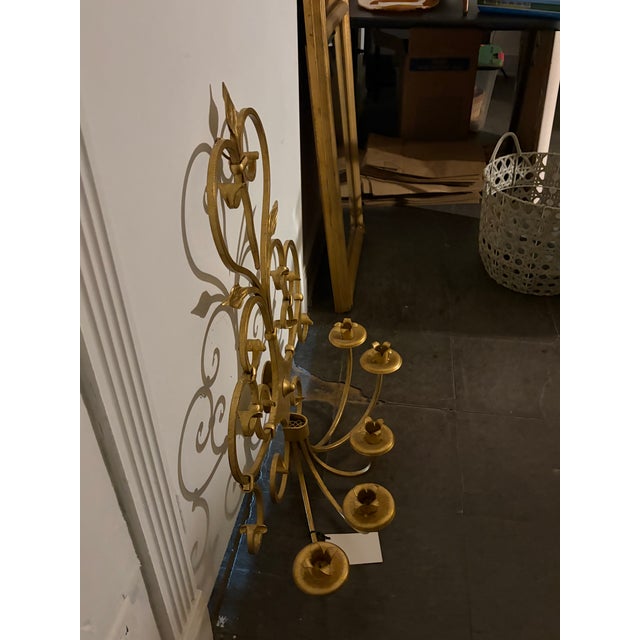 Hollywood Regency Pair of Monumental Gilt Iron Five-Light Wall Candelabras For Sale - Image 3 of 3