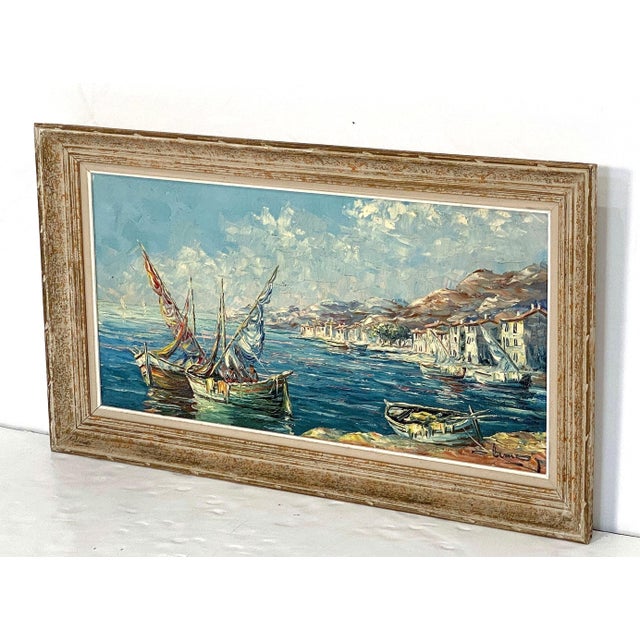 Wood French Framed Oil Painting Featuring a Mediterranean Harbour Scene For Sale - Image 7 of 12