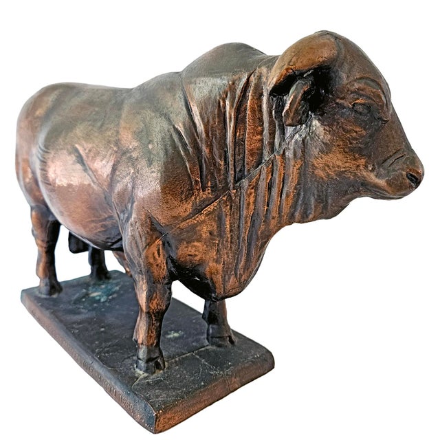 Presenting a striking, highly detailed vintage 1969 commemorative bull trophy statue produced by the Santa Gertrudis...