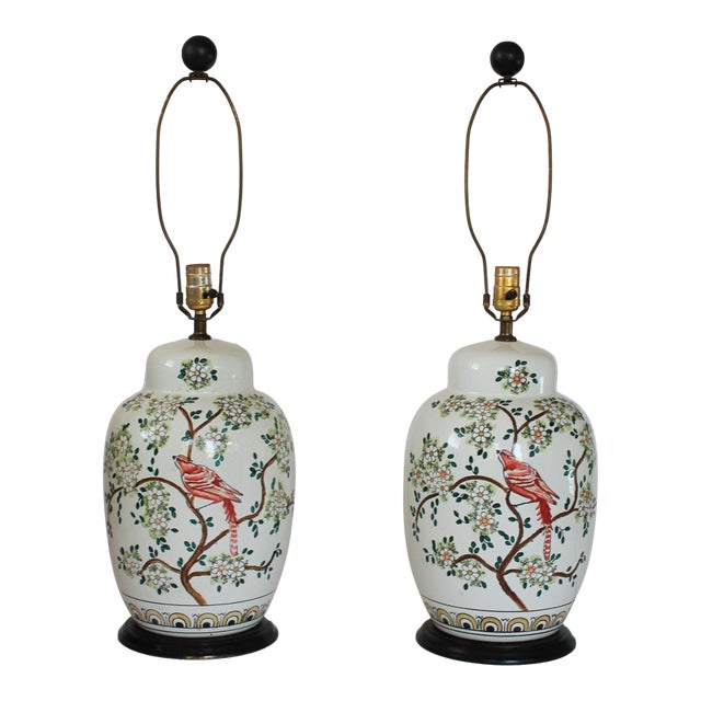 Vintage Ginger Jar Style Chinoiserie Ceramic Table Lamps - A Pair For Sale