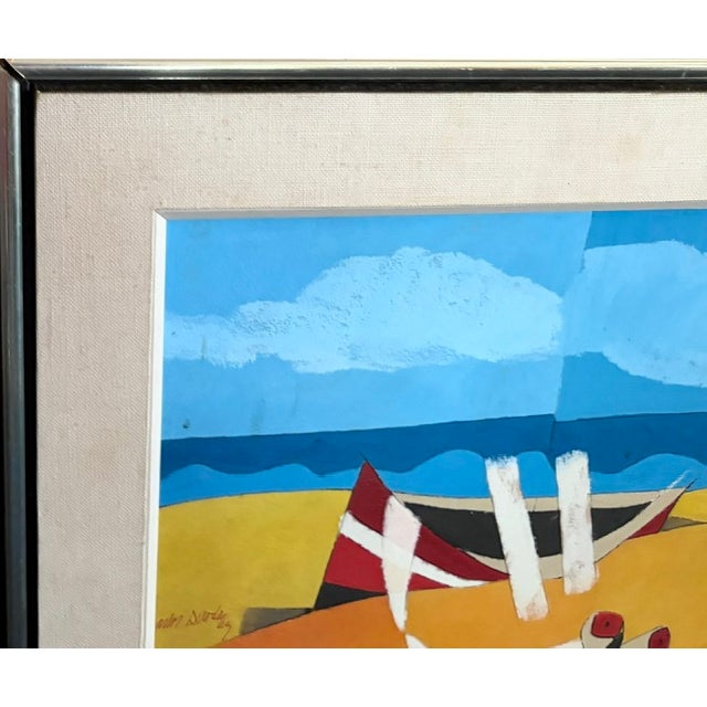 Mid Century Modernist Abstract Landscape Painting - A Boat Sits on a Beach Under a Blue Sky- Signed For Sale - Image 4 of 9