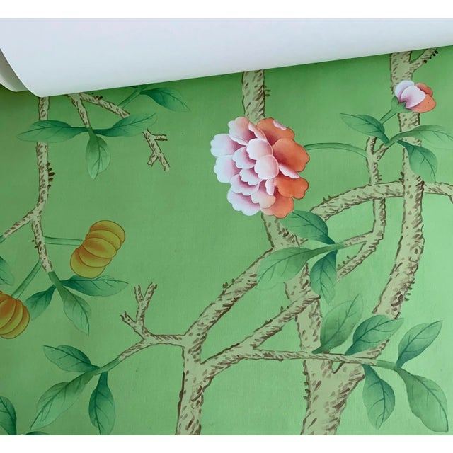 30"*72"/Panel, a Set of 5 Chinoiserie Tropical Forest Birds and Flowers on Emerald Silk Panels For Sale - Image 6 of 10