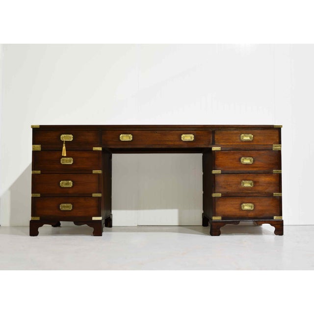 Mid Century English Campaign Mahogany Partner Desk Green Leather Top For Sale - Image 4 of 11