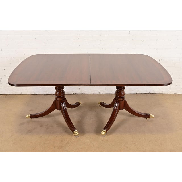 Wood Henredon Georgian Banded Mahogany Double Pedestal Extension Dining Table, Newly Refinished For Sale - Image 7 of 14
