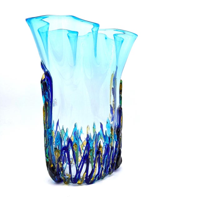 Tall Murano blown glass vase with filaments at the base that look like algae, made in aquamarine colour. A modern object...