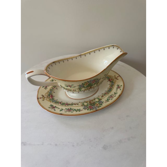 Yellow Vintage Royal Worcester "Riviera" Gravy Boat & Underplate | Made in England | Floral Garland | Fine English Porcelain | Discontinued Pattern For Sale - Image 8 of 8