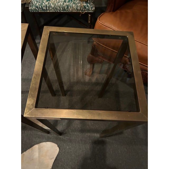 Midcentury Modern Tall Aged Brass & Smokey Glass End Tables or Stands -a Pair For Sale - Image 10 of 11