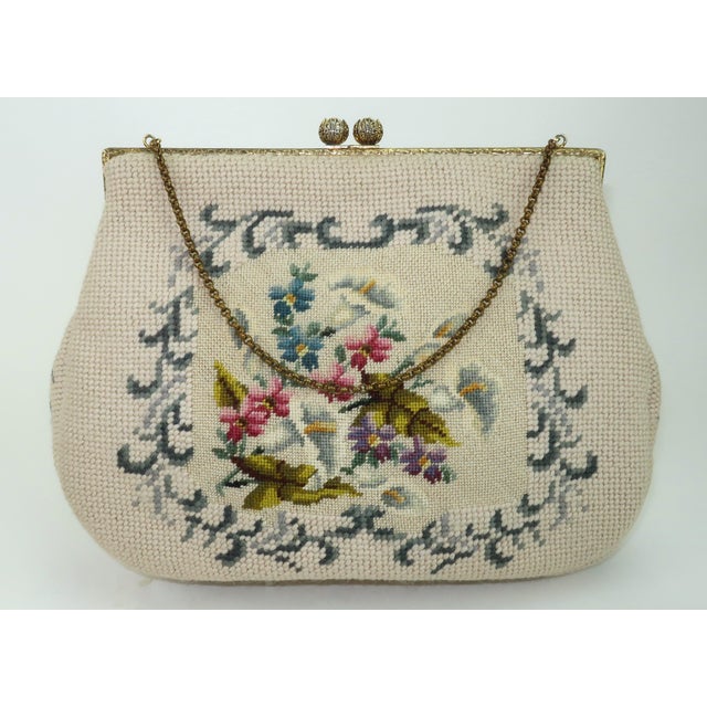 Metal Floral Needlepoint Top Handle Handbag, 1950's For Sale - Image 7 of 14