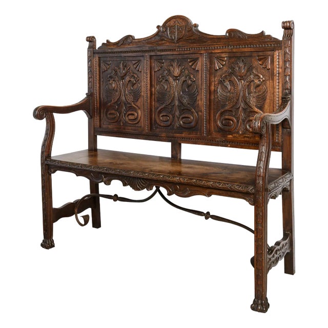 Carved European Hall Bench For Sale