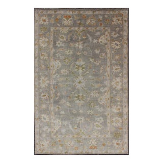 Oushak Rug With Floral Design in Gray Background, Chartreus Green, Cream, Red For Sale