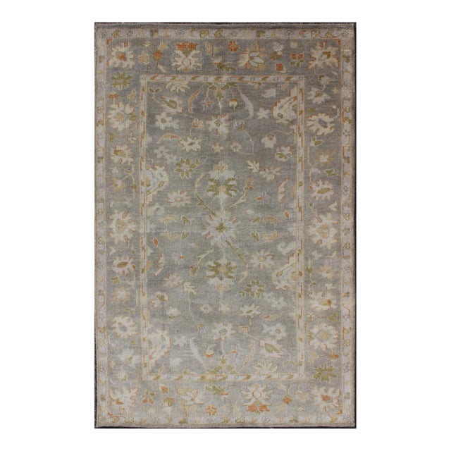 Oushak Rug With Floral Design in Gray Background, Chartreus Green, Cream, Red For Sale