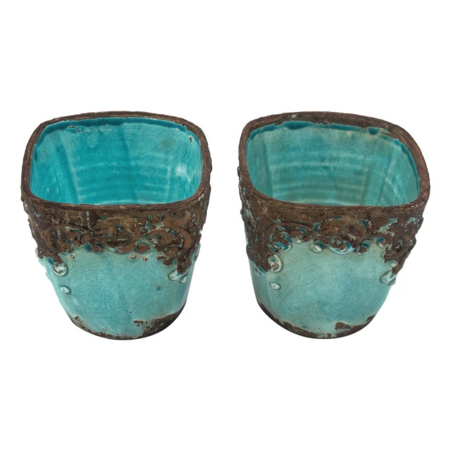 Pair Italian Turquoise Crackle Glaze Cachepots by Arte Italica For Sale