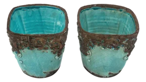 Pair Italian Turquoise Crackle Glaze Cachepots by Arte Italica