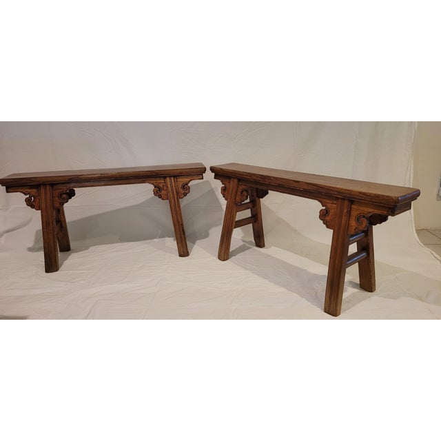 Spring Benches (Pair) 20h x 41w x 13d (lowest part of the legs) The top of the pair is a solid plank of wood. The legs are...