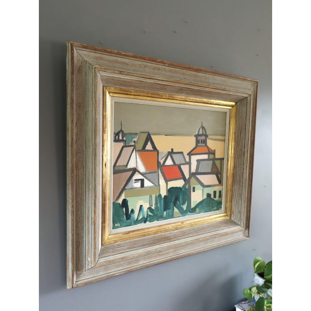 Mid-Century Modern 'Where Houses Gather' Vintage Geometric Abstract Street Scene Oil Painting by Swedish Artist Wilhelm Wik (1897-1987), Framed For Sale - Image 4 of 12