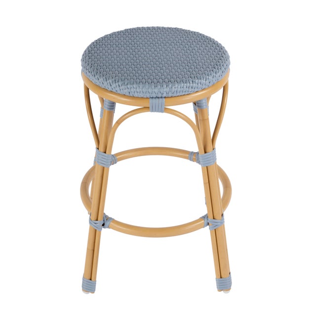 Spritely Home Accent Furniture Tobias 24.5 in. Seat Height Outdoor Rattan and Metal Backless Counter Stool, Baby Blue/ Natural Rattan Frame For Sale - Image 4 of 8