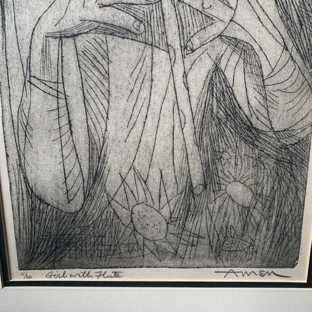 Mid 20th Century "Girl with Flute" Abstract Figurative Woodcut Print by Irving Amen, Framed For Sale - Image 4 of 13