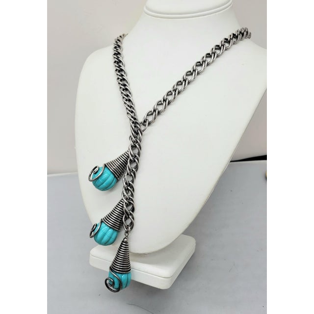 Vintage Signed Napier Book Piece Modernist Silvertone Faux-Turquoise Pendants Necklace For Sale In Philadelphia - Image 6 of 8
