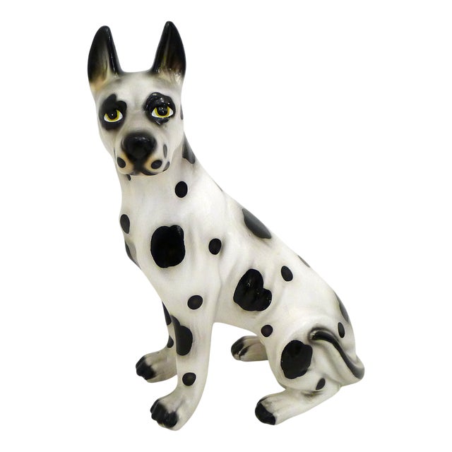 Large Ceramic Sculpture of a Seated Black and White Dog, 1970s For Sale