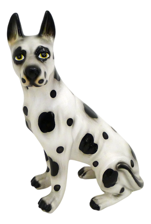 Large Ceramic Sculpture of a Seated Black and White Dog, 1970s