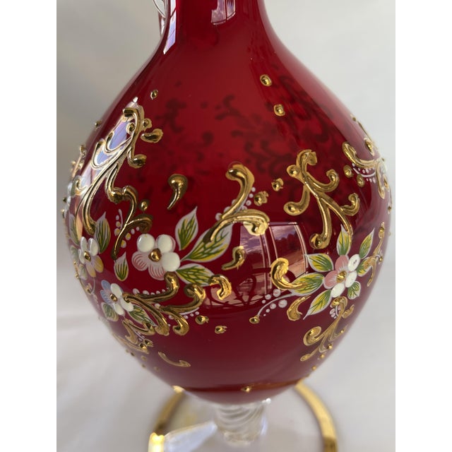 Murano Tre Fuochi Enameled Red & Gold-Hand-Blown Glass Carafe, Decanter For Sale - Image 13 of 17