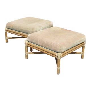 Pair Vintage Mid-Century Modern McGuire Furniture Bamboo Rattan Sage Ottomans For Sale