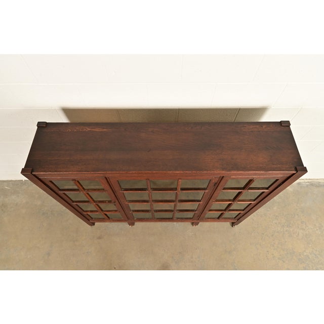 Brown Stickley Brothers Style Antique Mission Oak Arts & Crafts Glass Front Triple Bookcase, Circa 1910 For Sale - Image 8 of 11