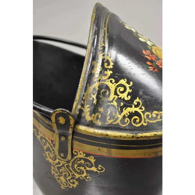 Antique Victorian Black Steel Hand Painted Flower Tole Metal Coal Scuttle Bucket For Sale - Image 4 of 12