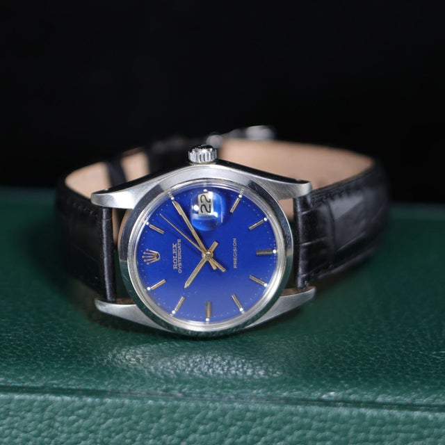 Vintage Rolex Oysterdate Precision 6694 Blue Dial Steel 1977 Leather Strap Watch For Sale - Image 17 of 17