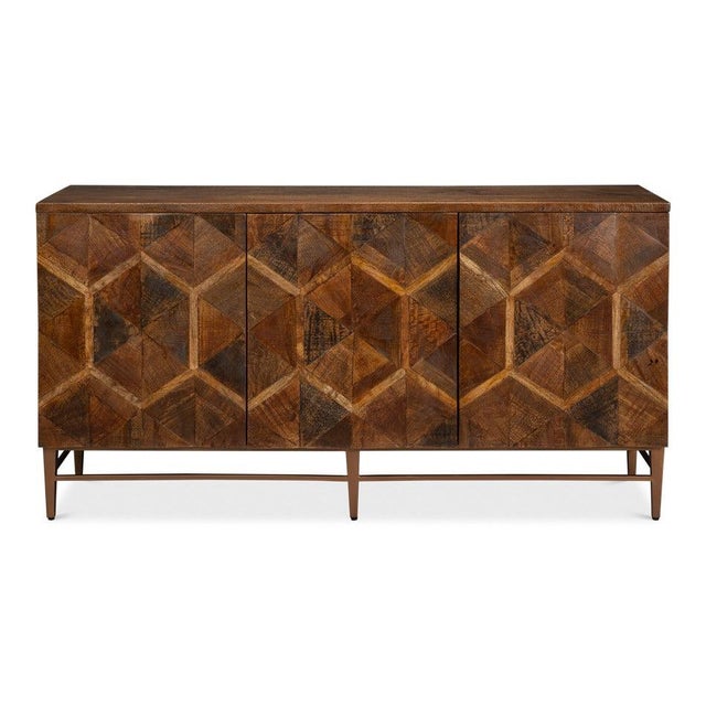 Hexagonal blocks cover the three doors, with grain direction changing from cell to cell. The effect is honeycomb geometry...