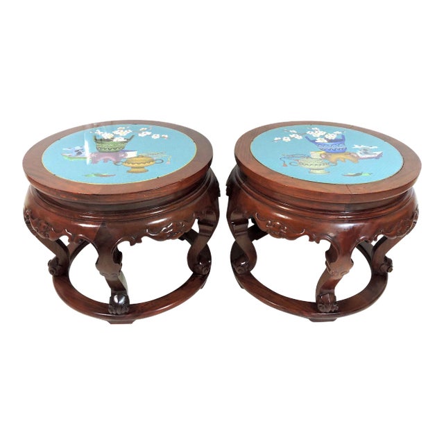 Fine Chinese Carved Rosewood and Cloisonné Stools, Side Tables, Pedestals With Flowers, Bats & Scholarly Objects, a Pair For Sale