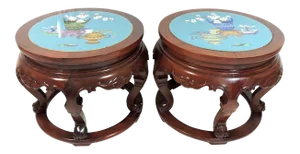 Fine Chinese Carved Rosewood and Cloisonné Stools, Side Tables, Pedestals With Flowers, Bats & Scholarly Objects, a Pair