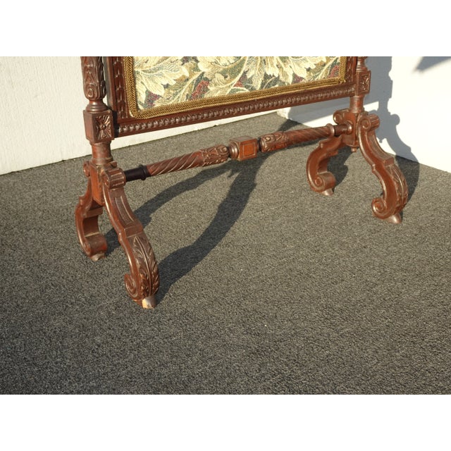 Brown Vintage French Provincially Carved W Floral Tapestry Fireplace Screen Decor For Sale - Image 8 of 11