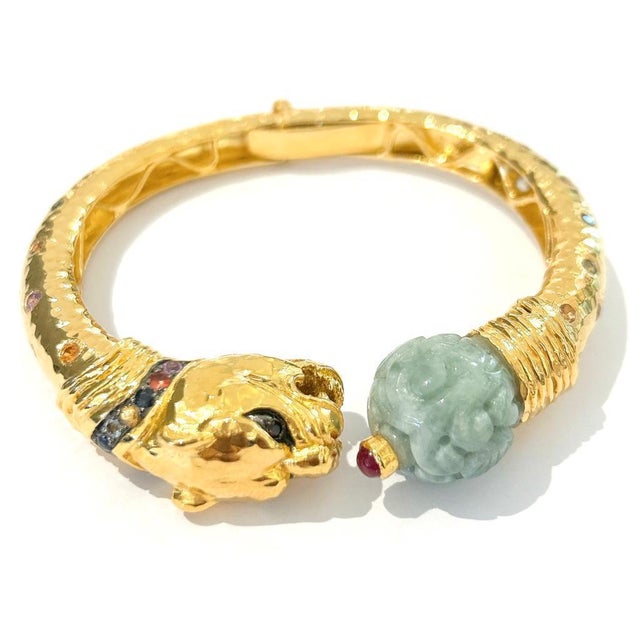 Bochic "Orient" Carved Vintage Mint Jade Bangle Set In 18K Gold & Silver For Sale - Image 17 of 18