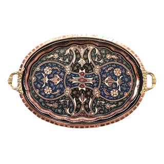 Handmade Green and Blue Tulip Design Inlaid Serving Tray with Handles For Sale