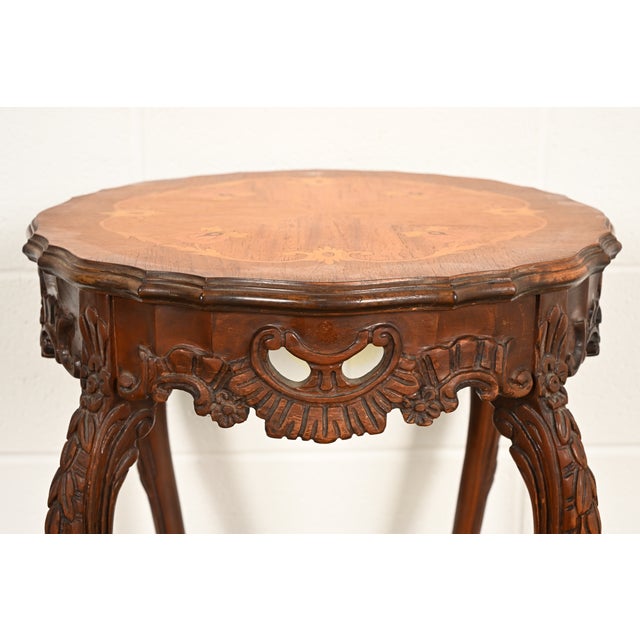 Brown Romweber Style French Provincial Louis XV Carved Walnut and Satinwood Inlaid Marquetry Side Tables, Pair For Sale - Image 8 of 12