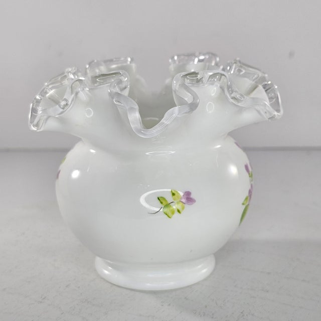 Vintage Fenton Violets in the Snow Double Crimped Vase Rose Bowl For Sale - Image 4 of 8