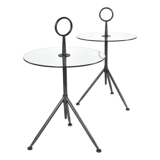 Pair of Italian Modern Round Glass Gueridon Side Tables With Tripod Steel Bases For Sale