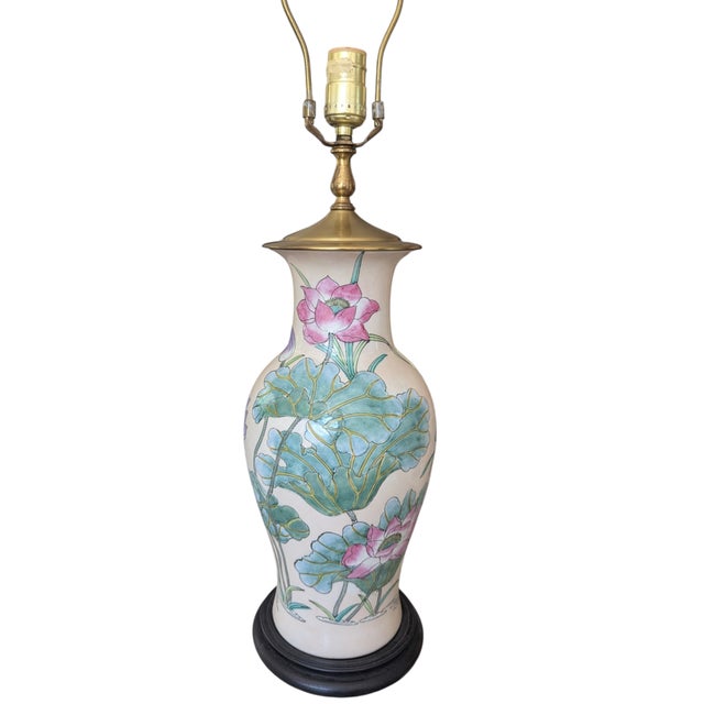 Antique Chinoiserie Porcelain Enamel Lotus Flower Vase Lamp For Sale - Image 9 of 18