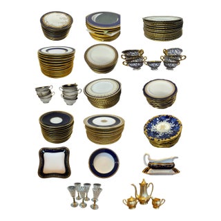 Cobalt Blue & Gold Fine China and Signed Crystal Cobalt Blue & Gold Fine China and Signed Crystal Collection, (79 Pieces Total) For Sale