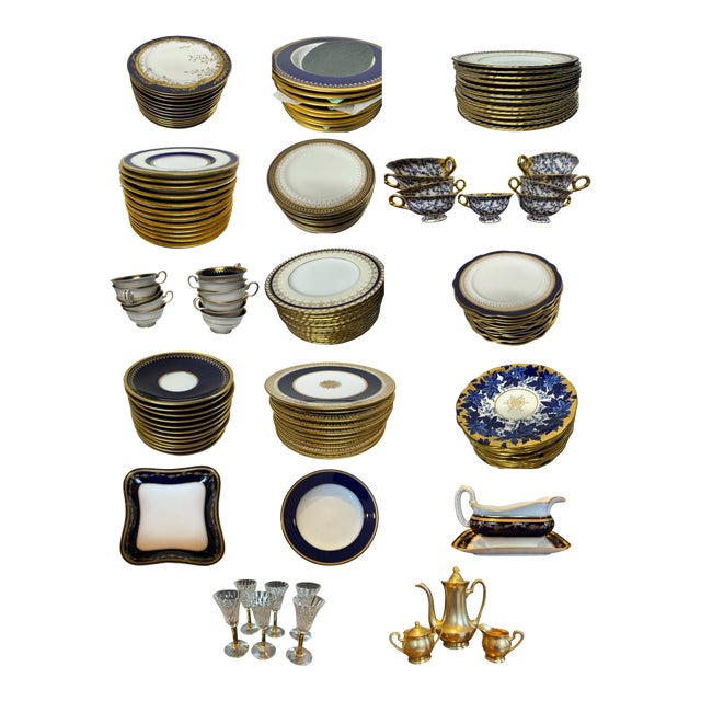 Cobalt Blue & Gold Fine China and Signed Crystal Cobalt Blue & Gold Fine China and Signed Crystal Collection, (79 Pieces Total) For Sale