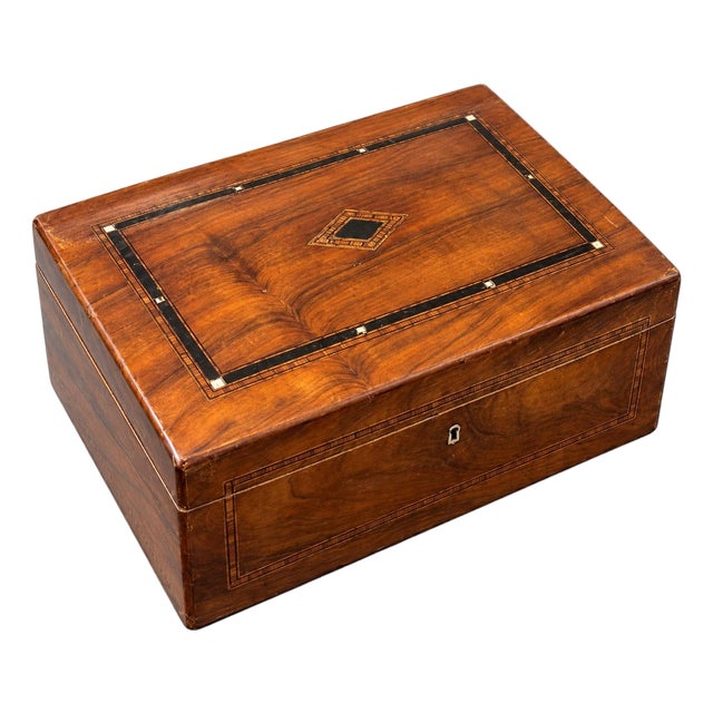 Antique Inlaid Wooden Keepsake Box – Traditional Geometric Inlay For Sale