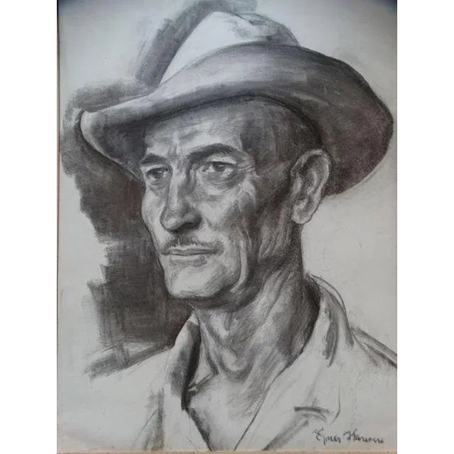 1930s Farmer Charcoal Portrait Drawing by Ejnar Hansen For Sale - Image 5 of 5
