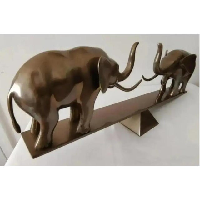 Art Deco Dolbi Cashier Large Brass Elephants on Seesaw Sculpture ~ Circa 1980s For Sale - Image 3 of 9